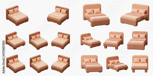 Isometric view of multiple beds with pillows, showcasing different angles and designs on a transparent background.