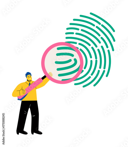 Business man holding magnifying glass and examines human fingerprint. Flat vector illustration isolated on white background