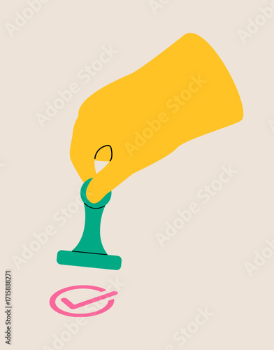 Document approval concept. Hand holding stamp. Colorful vector illustration
