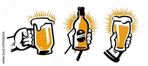 Hand holding with beer glass, bottle. Set of emblems, symbols for Oktoberfest festival, menu in bars, restaurants
