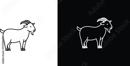 Simple Line Art of a Goat in Black and White, Isolated on White and Black Backgrounds