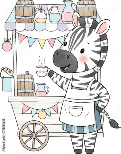 Cute zebra barista holding a cup of coffee at a beverage stand.
