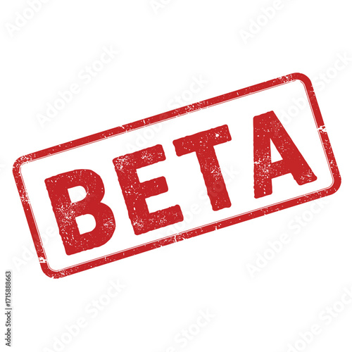 Red rubber stamp displaying the word beta on a white background