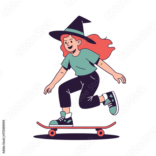 Witch girl skateboarder, red haired teen riding board, pointy hat, energetic movement, halloween sports style, trendy vector illustration