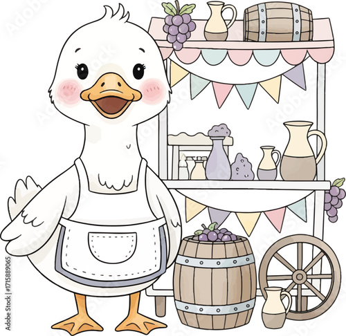 Cute cartoon goose in apron selling grapes and juice from a cart.