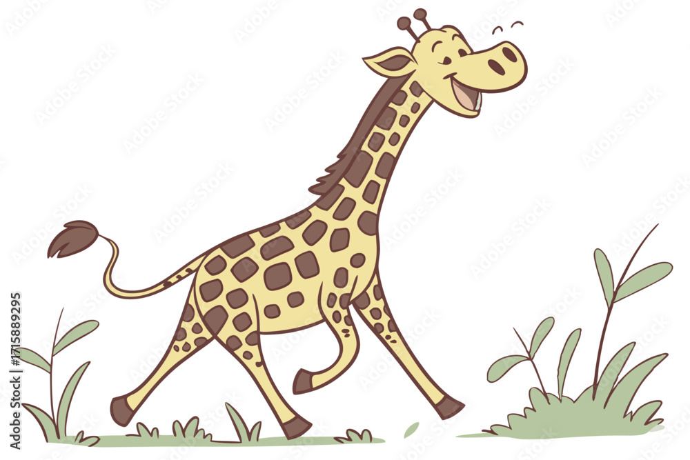 Obraz premium Happy Giraffe Cartoon Character Walking in Grassy Landscape, on White Background