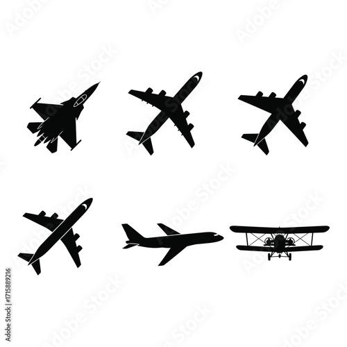 Collection of six diverse aircraft silhouettes featuring fighter jets commercial planes and biplanes silhouette