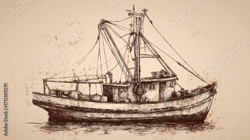 Vintage Fishing Boat Drawing with Detailed Lines and Rustic Texture, Ideal for Nautical Art and Marine Industry Illustrations