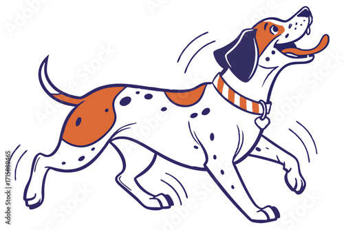 Happy Orange & White Dog Running with Stripes Collar on White Background