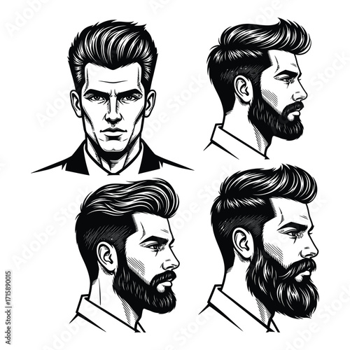 Stylish bearded men portraits collection four diverse hairstyles and facial hair styles silhouette