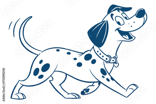 Happy Spotted Cartoon Dalmatian Dog Walking with Collar on White Background