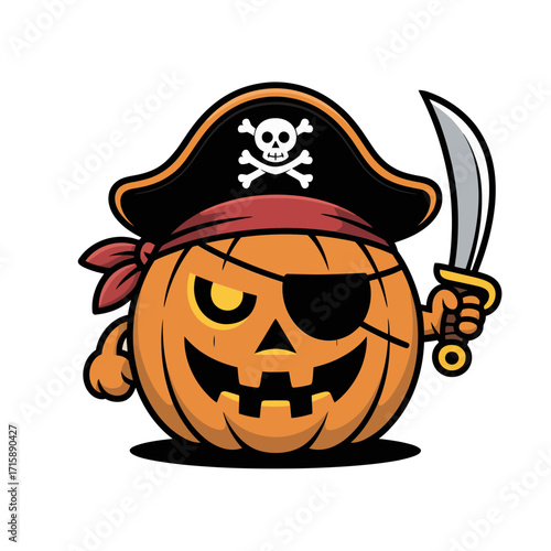 jack o lantern pirate, eyepatch grin, tricorn hat with bones symbol, spooky halloween mascot, orange black vector design