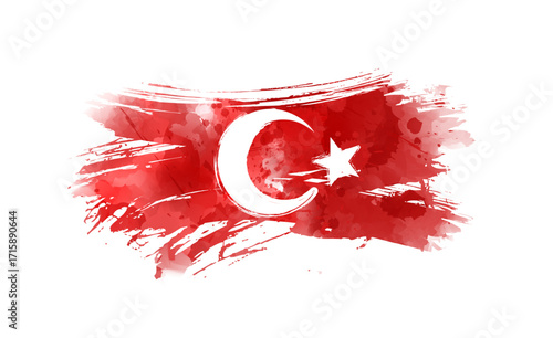 Turkey abstract watercolor grunge flag in grunge brushed shape. Holiday background with watercolor imitation Turkey flag. Template for holiday poster, invitation, etc. Horizontal banner.