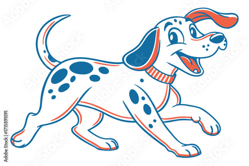Joyful Cartoon Dog, White with Blue Spots, Running with a Collar on White Background