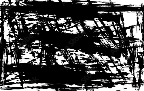 Abstract black and white grunge background featuring distressed brush strokes, scratch marks, and chaotic ink textures. Perfect for digital art, album covers, and creative graphic design overlays.