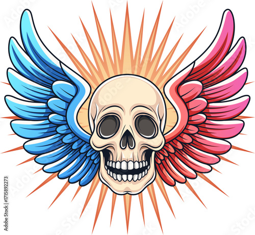 Gothic Skull with Colorful Angel Wings - Decorative Skeleton Skull with Vibrant Feathered Wings
