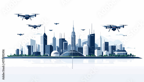Drones flying over a futuristic cityscape with modern architecture and skyscrapers near a body of water