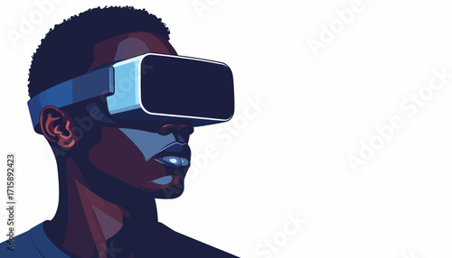 Man wearing virtual reality headset, immersed in digital world, futuristic technology, modern lifestyle, innovation experience