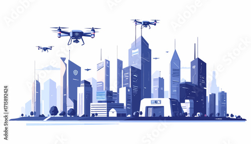 Cityscape illustration with drones flying over modern skyscrapers and urban landscape from aerial viewpoint