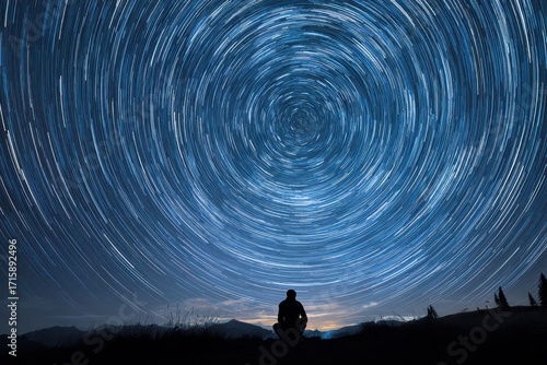 Cosmic Harmony: Human Silhouette Observing Twinkling Star Trails Around Polaris in a Blue Lactic Sky
