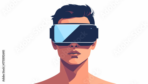 Man wearing virtual reality headset, experiencing digital world, modern technology, futuristic, illustration