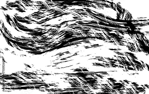 Abstract grunge brush stroke texture with rough black lines and messy scratched effect, isolated background for creative posters and vintage templates.