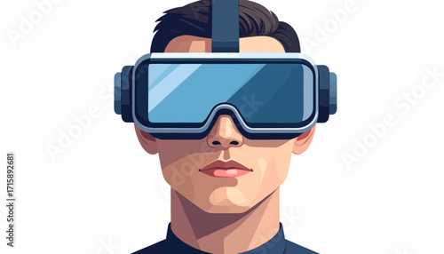 Man wearing virtual reality goggles, exploring digital environment, close-up view of futuristic technology, illustration of modern experience, futuristic scene