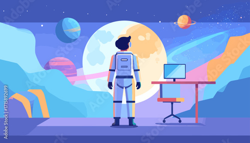 Astronaut Working at Desk in Cosmic Environment