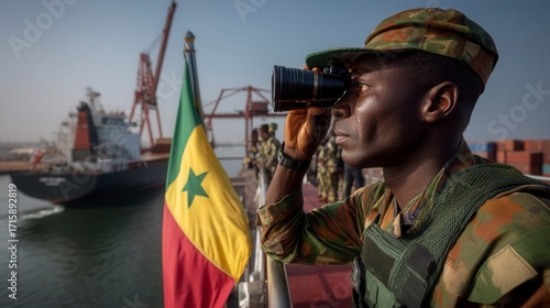Focused african male soldier using binoculars for surveillance at naval port with senegalese flag and military ships in maritime security operation