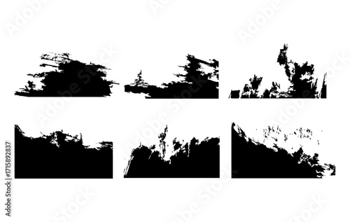 Set of black grunge brush stroke textures isolated on white background, perfect for posters, flyers, abstract backgrounds, and vintage design templates.