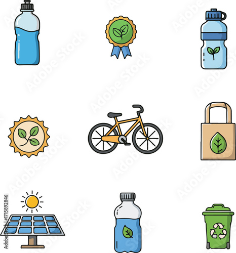 Collection of eco-friendly icons representing sustainable living and environmental consciousness for green initiatives