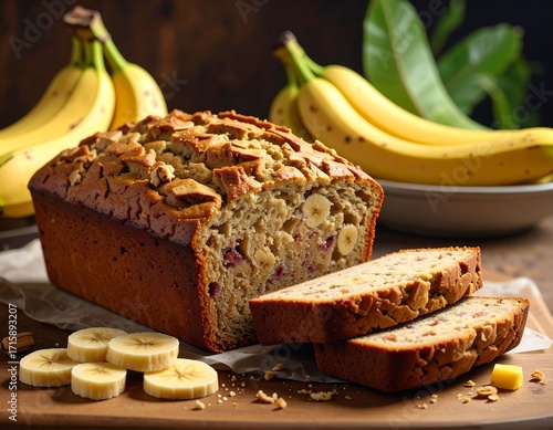Sliced banana bread, golden-brown and textured, sits on a wooden surface with sliced bananas nearby.