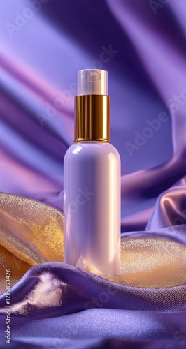 Purple and gold cosmetic bottle on draped fabric
