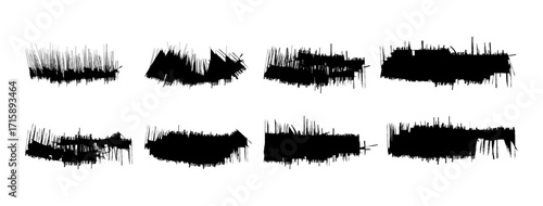 Set of black grunge ink brush strokes isolated on white background, perfect for design, posters, backgrounds, textures, and creative art projects.