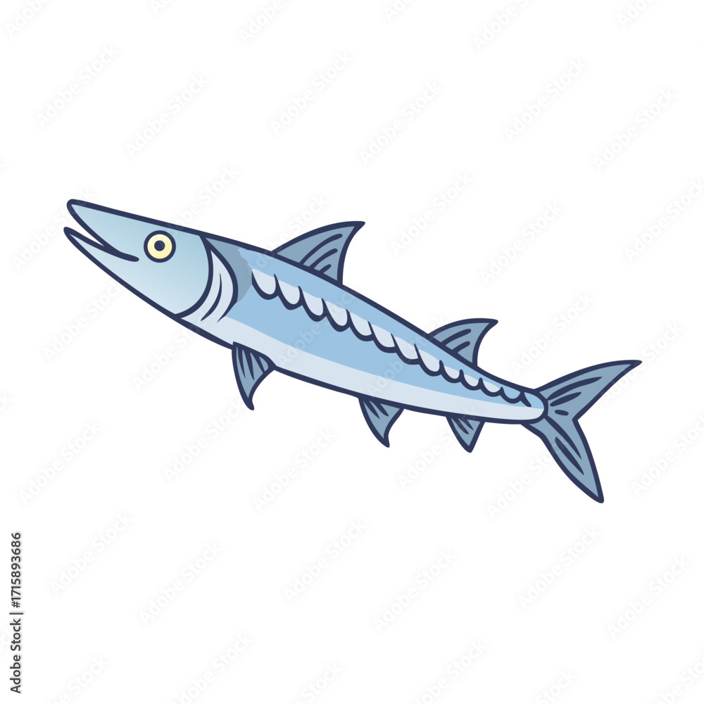Fototapeta premium Cartoon Illustration of a Barracuda Fish with Blue Scales Swimming Upward