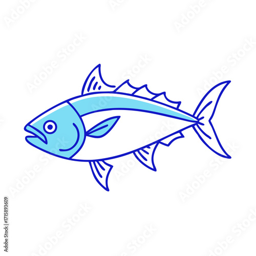 Cartoon style tuna fish, simple line art in blue color scheme