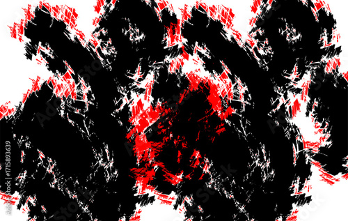 Abstract digital painting combines strong black brush strokes with striking red splashes on a clean white canvas. perfect for backgrounds, textures, and modern design projects.