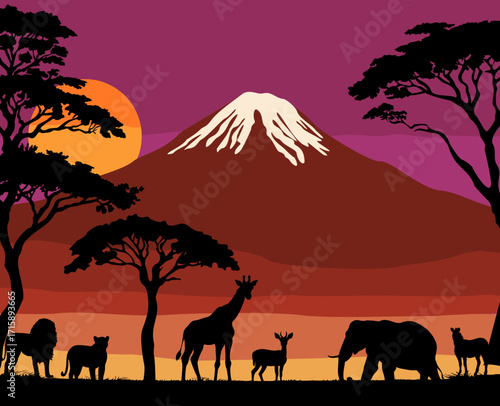 Beautiful African safari landscape with Kilimanjaro, wild animals, and tree silhouettes. Colorful flat vector illustration in dramatic red and purple palette, perfect for travel and nature designs