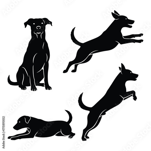 Four silhouettes of dogs in various poses dynamic canine actions captured in black and white silhouette