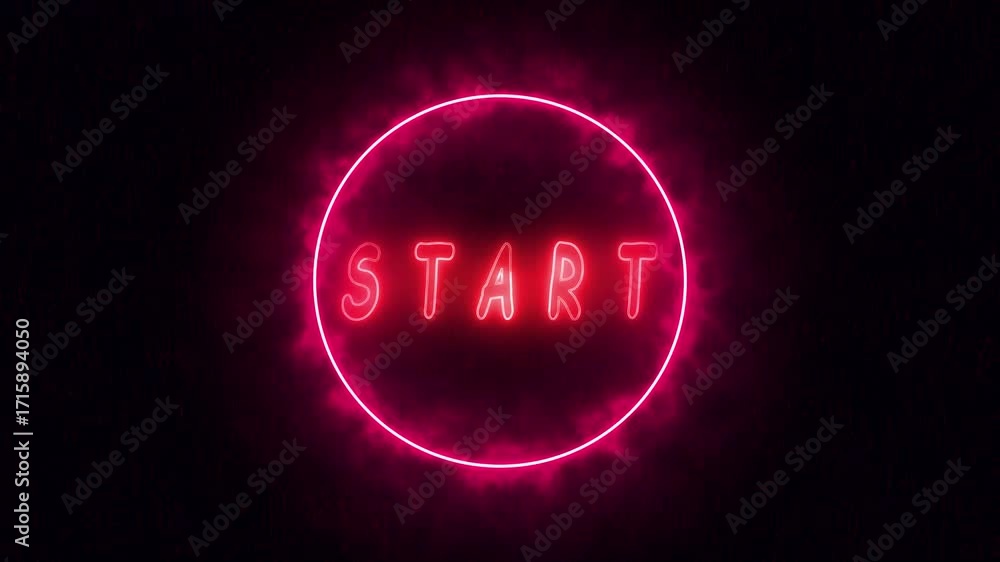 Animated glowing neon start sign. Circular frame red dark background particle rain cinematic intro opener transition broadcast graphic design element motion graphics.