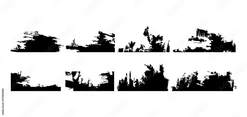 Obraz premium Collection of abstract black grunge brush headers and dividers with rough ink texture, perfect for banners, posters, and graphic design projects.