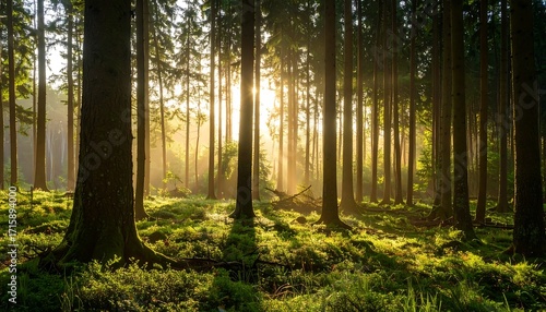 Sunny forest at dawn