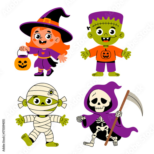 Trick or treat crew, cute witch, cheerful green monster, playful mummy, tiny skeleton reaper, children costume vector illustration