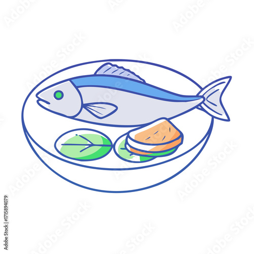 Stylized Whole Fish Presentation with Salad and Garnish on a Blue Plate