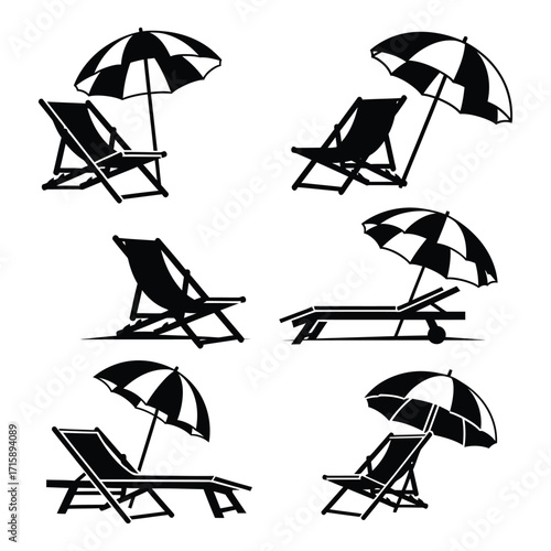 Set of black and white beach chairs and umbrellas for relaxing summer scenes silhouette