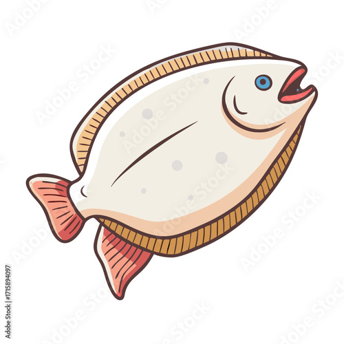 Illustration of a whimsical flatfish or flounder with an open mouth