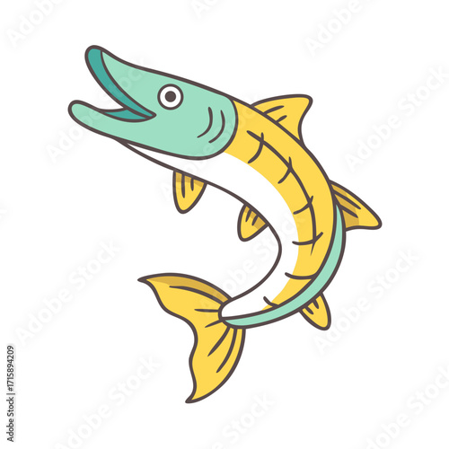 Cartoon Northern Pike Fish Leaping Out of the Water in Fresh Colors