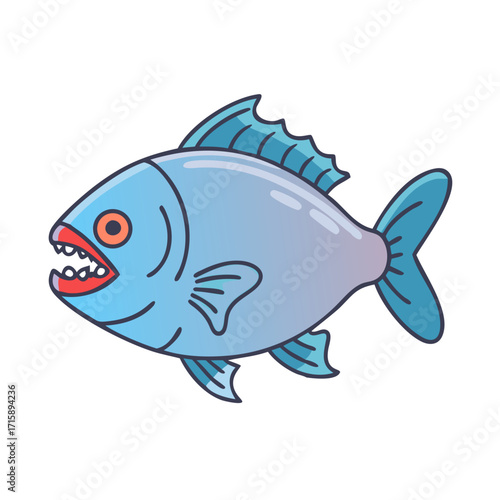 Stylized Cartoon Piranha with Blue Body and Sharp Teeth on White Background