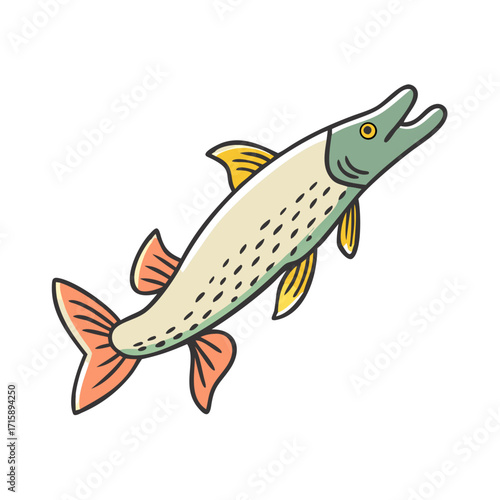 Cartoon Illustration of a Northern Pike Fish with Distinctive Markings