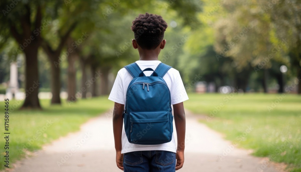 Fototapeta premium A young African boy stands on a path in a park. He wears a white t-shirt and a blue backpack. Trees line the walkway, creating a serene atmosphere.